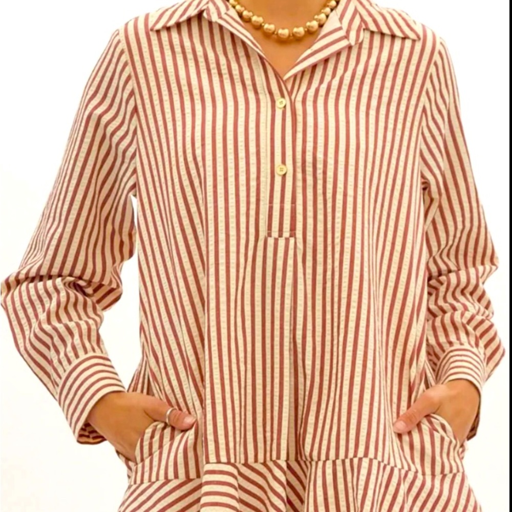Burgundy Stripe Button Collar Dress